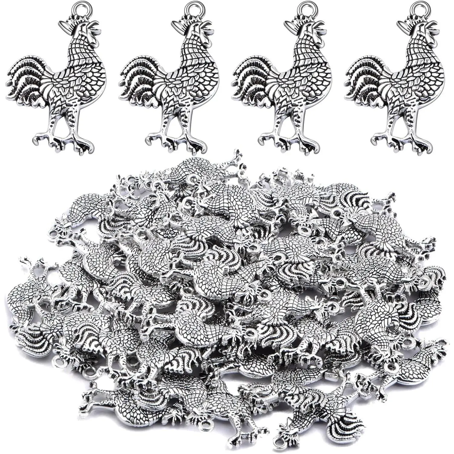 50pcs Antique Silver Rooster Cock Chicken Charms Vintage Alloy Chicken Farm Animal Rooster Shape Dangle Pendants for DIY Bracelets Necklaces Jewelry Making Findings