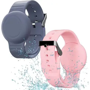 P-WBA01   Waterproof Air Tag Bracelet for Kids(2 Pack), Soft Silicone Hidden Wristband, Lightweight GPS Tracker Compatible with Apple Air Tag Watch Band for Child (Grey Blue & Pink)