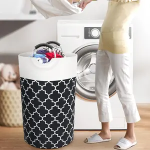 Large Laundry Hamper Basket Foldable, Waterproof Clothes Storage Bag with Aluminum Ring Handles, Collapsible Cotton Linen Laundry Bin for Bedroom, Bathroom, Closet & College Dorm