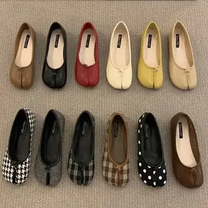 Designer Split-Toe Loafers for Women Retro Inspired Flat Shoes Soft Comfortable Casual Fashion Sneakers in Brown Black Red Beige Yellow Checkered & Polka Dot Patterns Footwear