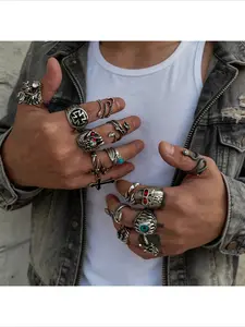 Gothic Silver Statement Ring Set | Skull, Snake & Cross Stackable Rings for Men | Edgy Biker Jewelry for Streetwear, Punk & Rock Style Outfits