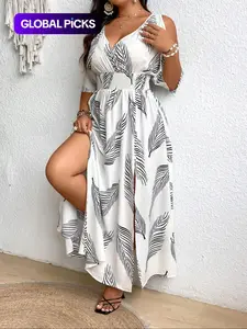 【Plus Size】 All Over Print Split Hem Dress, Casual Cold Shoulder Boho Dress for Summer, Women's Clothes for Daily Wear