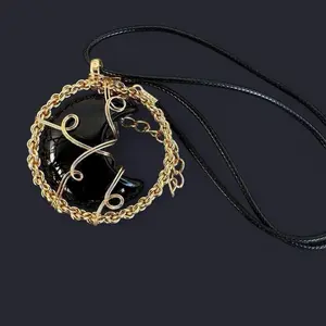 Black Agate Wire Wrapped Moon Pendant Necklace