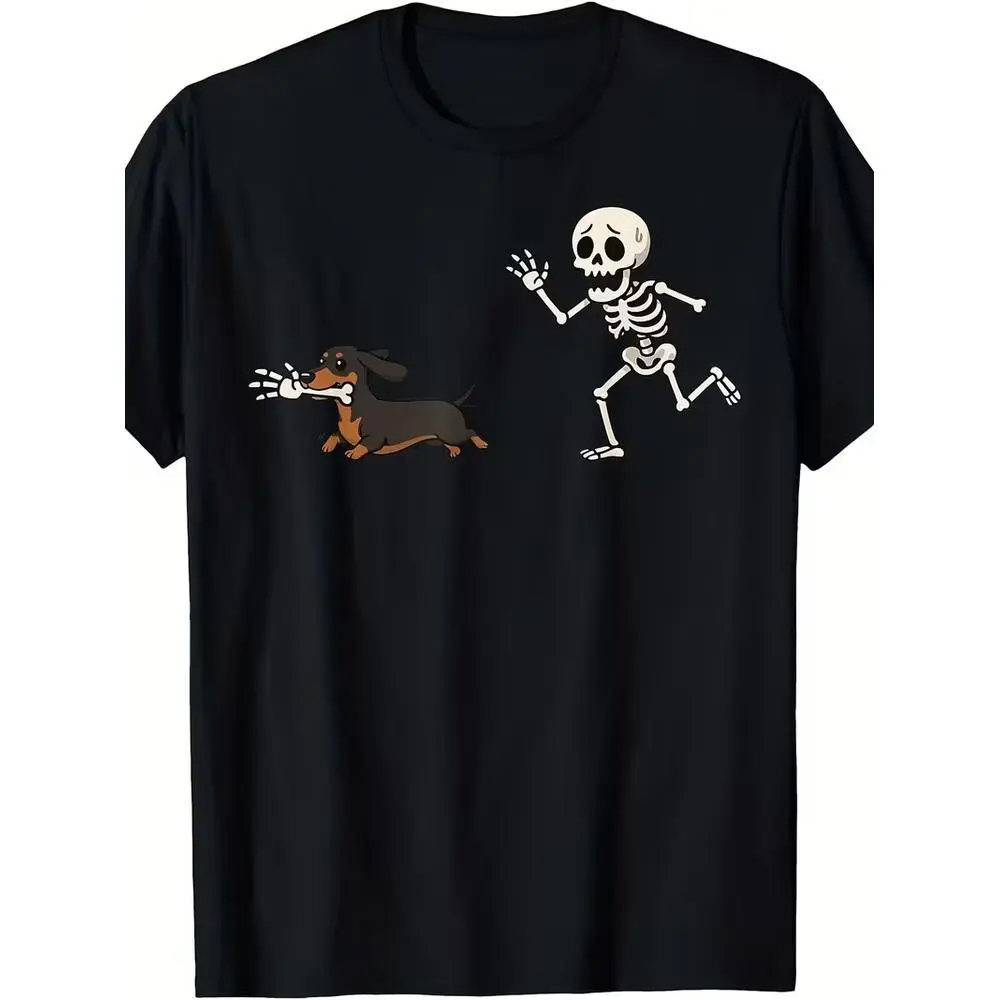 Funny Dachshund Halloween T-Shirt, Cute Dog Chasing Skeleton Graphic Tee, Cartoon Short Sleeve Casual Top Round Neck Basic