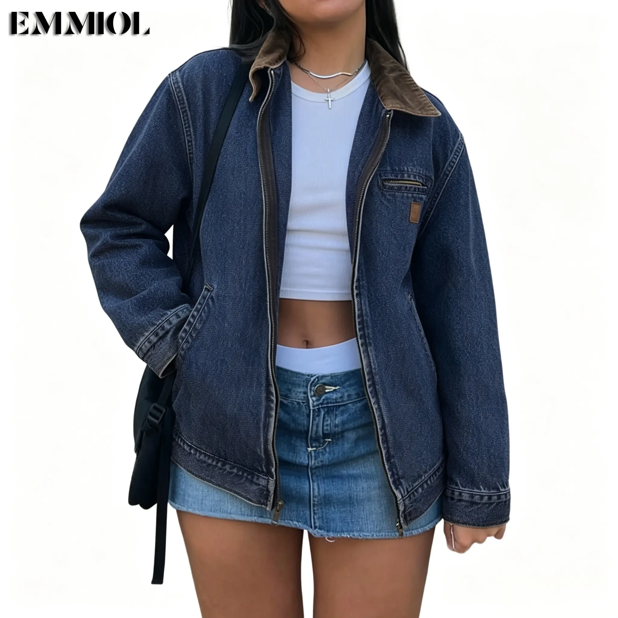 EMMIOL【Back to School】Barn Jean Jacket for Women Zipper 2026 Clean Fit Long Sleeve Denim Jackets