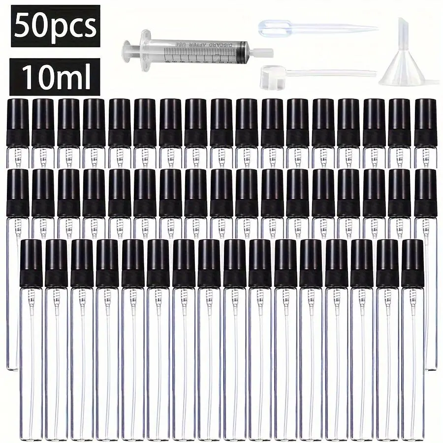 Empty Spray Bottle Set, 50pcs Mini Perfume Dispenser with 4pcs Cosmetics Accessories, Perfume Spray Bottle, Travel Essential Oil Spray Bottle, Makeup Tool, Makeup Container Set, Cosmetic Tools