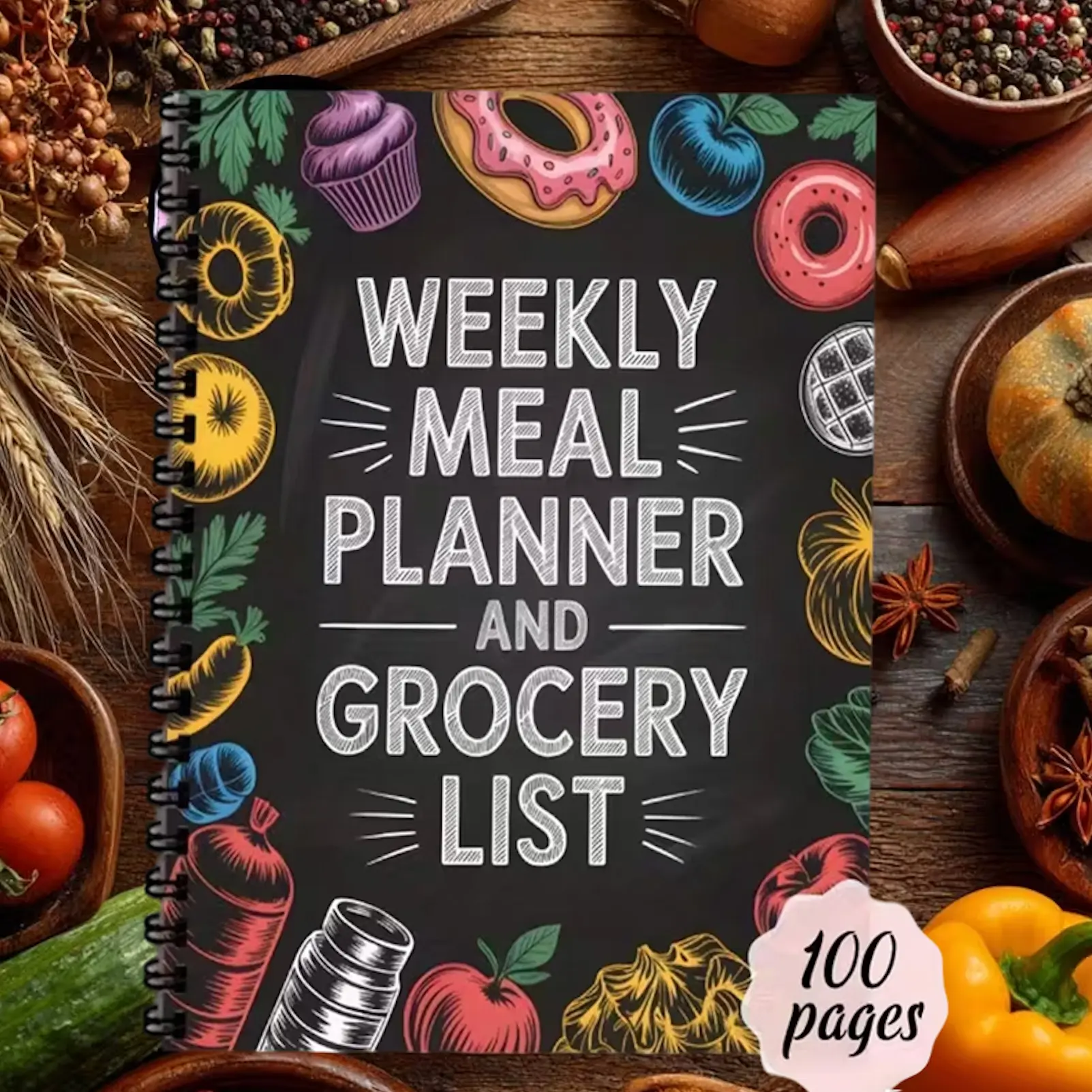 Weekly Meal Planner and Grocery List Organizer, Spiral Bound Planner, Menu Planner, Undated Notebook, Weekly Planner Notepad, Kitchen Planning Journal, Color Coded Food Tracker Pages, A5 Size