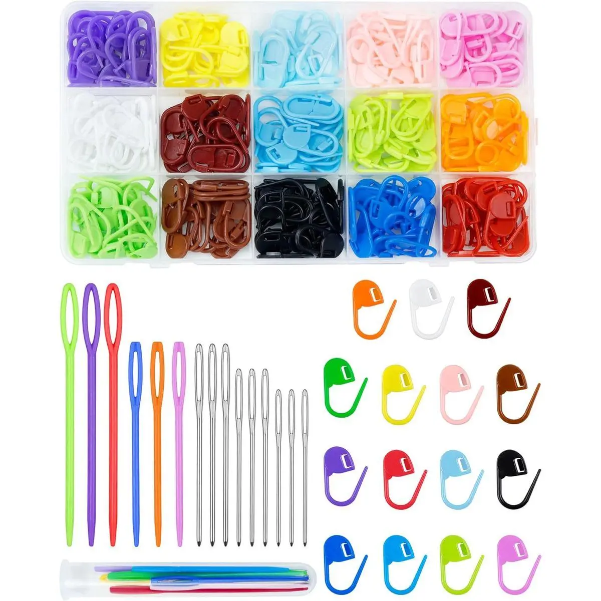 220/900 Pieces Stitch Markers,with 15 Pcs Large Eye Blunt Sewing Needles,Colorful Crochet Stitchs Markers for Knitting Stitch Locking Clips Crochet Pins with Storage Box