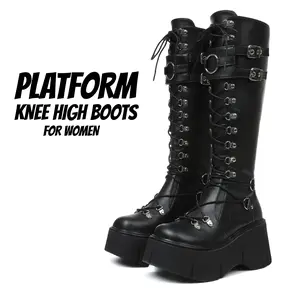 Platform Knee High Boots For Women Goth Boot Round Toe Chunky High Heels Zipper Buckle Lace Up Comfortable Motorcycle Punk Jennifers Body Heels Combat Tall Gothic Booties
