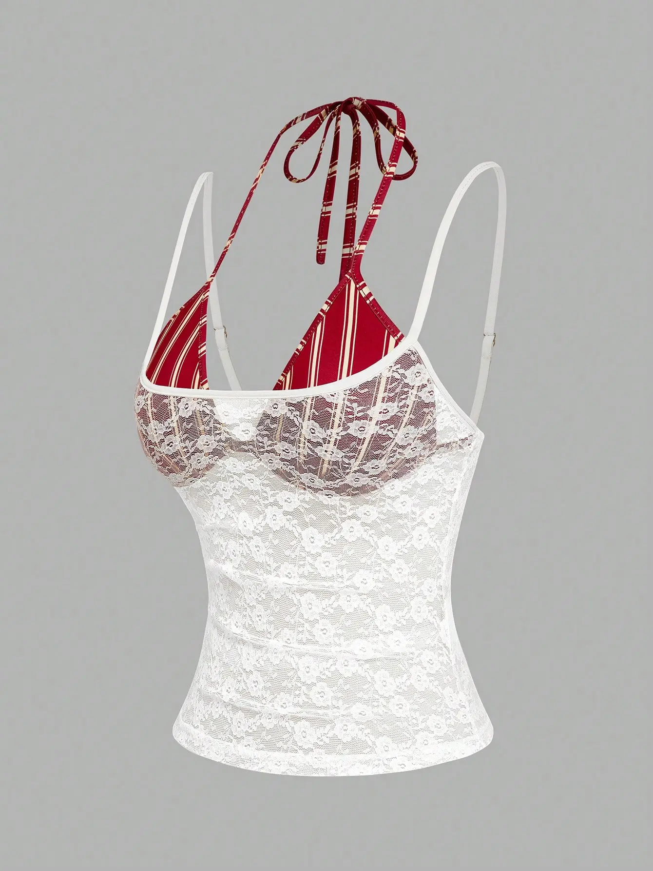 LALUZ Elegant Plus Size Women's Sheer Lace Camisole Tank Top Striped Patchwork Spaghetti Strap Beach Summer Top