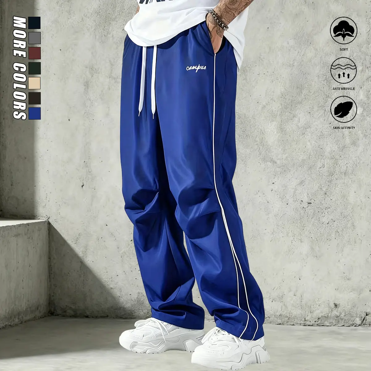 Men’s wide-leg casual pants, smooth fabric with a draped effect, side stripes, American high-street style, suitable for daily commuting, trendy and versatile design, menswear, men’s apparel