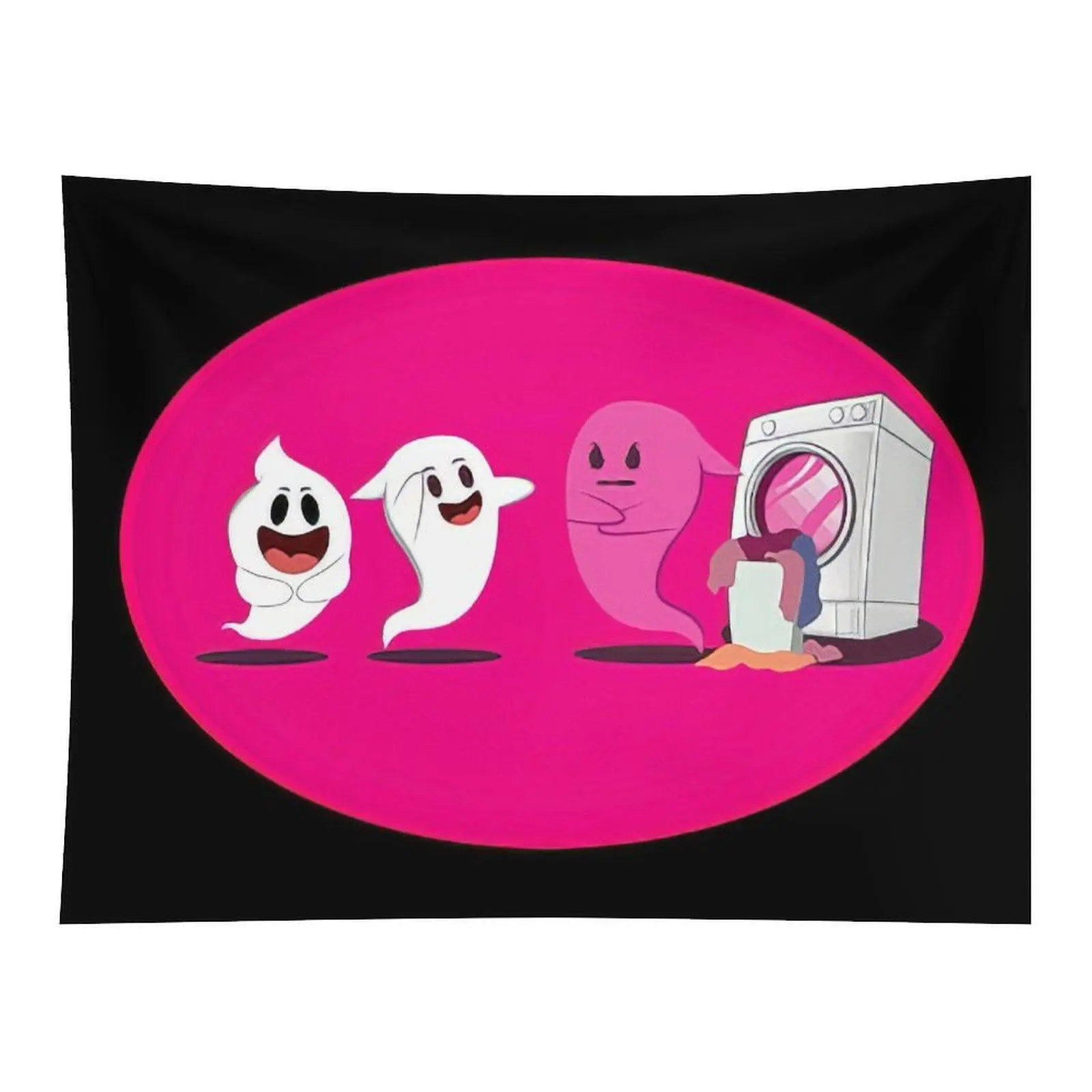 Funny Cartoon Ghost Laundry Meme Wall Tapestry, Cute Spooky Ghost Characters on Pink Oval Background, Home Art Decor, Room Decor