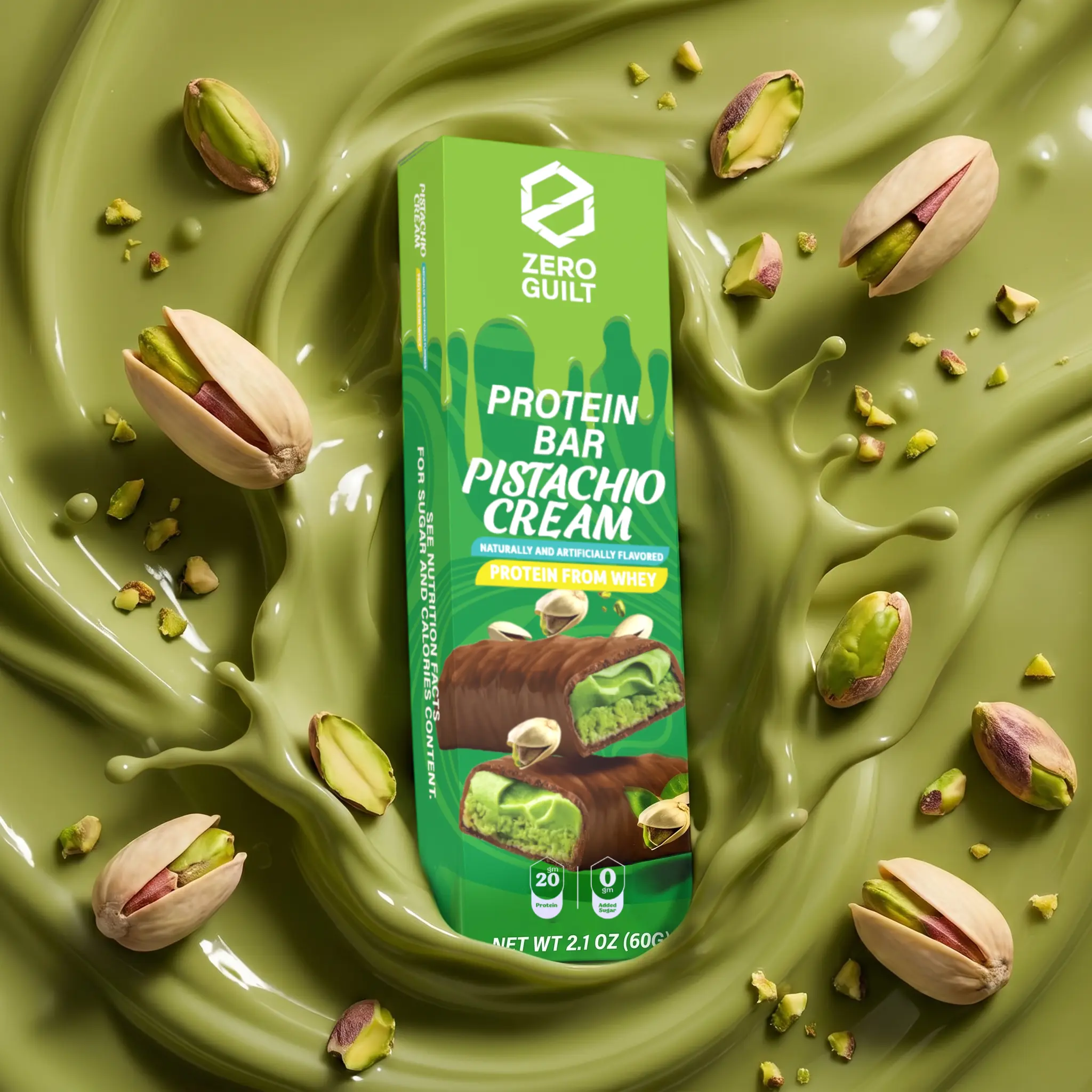 ZERO GUILT Pistachio Cream 20G Protein Bar, ZERO Added Sugar, 60g Net Weight - 12 Pack