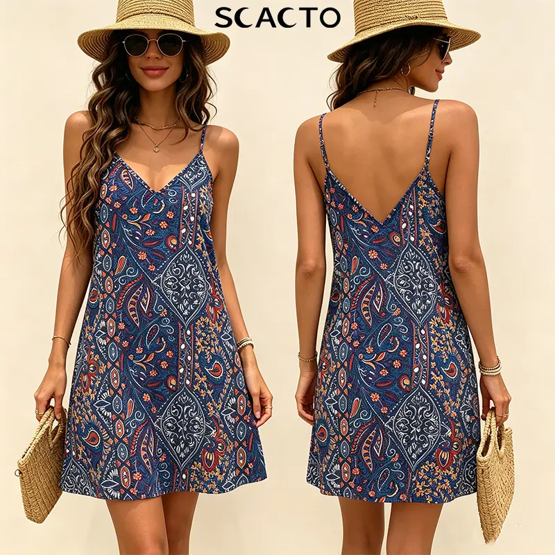 Scacto Women's Sleeveless Woven Bohemian Printed V-Neck Spaghetti Strap Backless A-Line Dress - 100% Polyester Thin Fabric, Comfortable, Ideal for Music Festivals, Sizes S,M,L,XL,2XL,3XL, Women's Casual Clothes