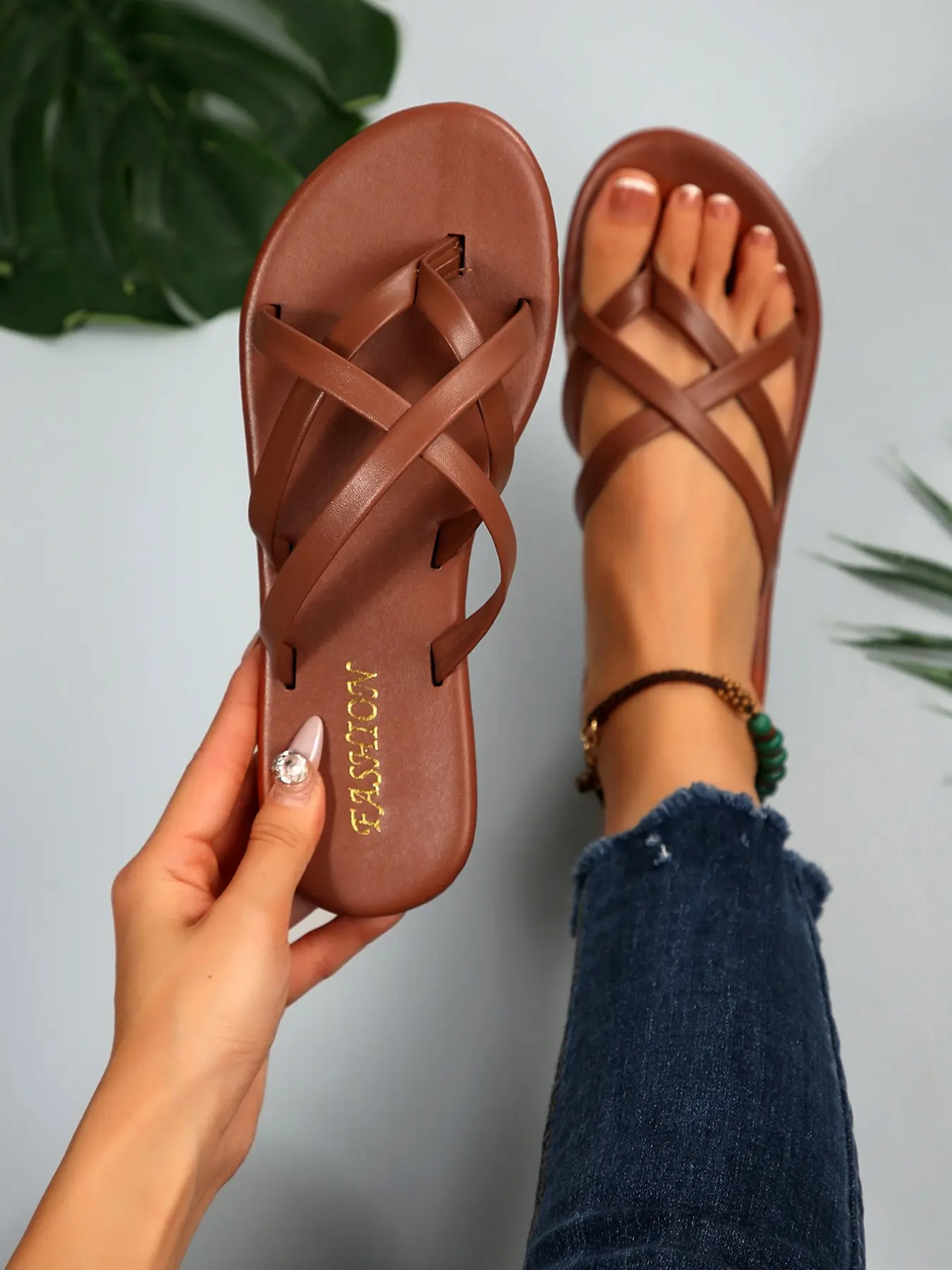 Spring Summer Women's Cross Strap Sandals, Open-Toe Flat Slippers, Beach Home Outdoor Casual Slides, Artificial Leather, PVC Sole