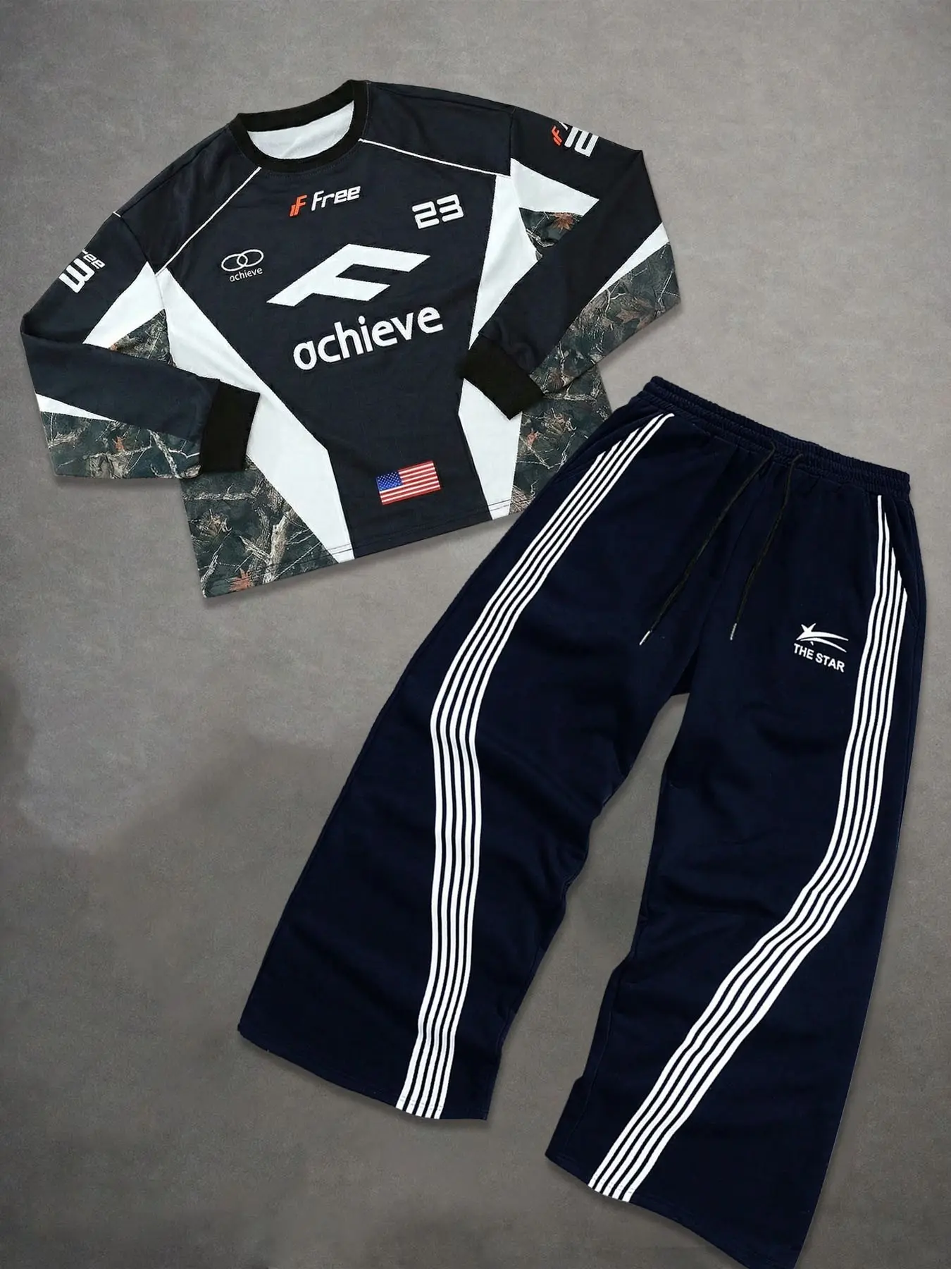 Men's Casual Graphic Jersey Set with Sports Pants, Athletic Activewear Tracksuits, Comfortable Fitted Design for Autumn and Winter, Trendy Everyday, Casual Sportswear Outfit, Sports Clothing Set