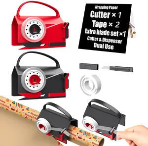 1 Pack Wrapping Paper Cutter & Tape Dispenser Dual Use with 2 Tapes，1 Replace Blades Kit for Christmas Gift Wrap Cutter Tool Paper Roll Holder Tube Sliding Slicing for Birthday Holiday.
