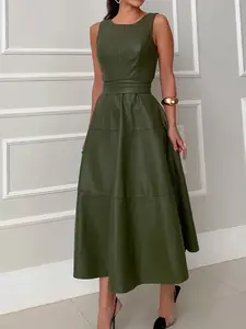 Olive Green Patchwork PU Leather Lace-Up O-Neck Sleeveless Maxi Party Dress