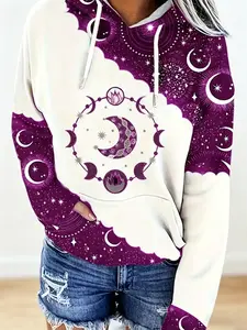 Women's Ethnic Pattern Drop Shoulder Drawstring Hoodie Fashion Casual Long Sleeve Hooded Sweatshirt for Daily Holiday Outdoor Wear Ladies Clothes for Fall & Winter