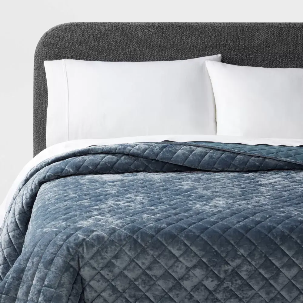 Threshold Luxury Look Large-Size Geometric Velvet Quilt - 1-Piece Slate Color Bedding Linen with Luxe Diamond Stitch Design