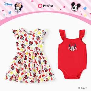 PatPat Disney Minnie Mouse Baby Girl 2 Piece Outfit Set Spring Vibes Floral Dress & Red Romper Cute Ruffle Sleeve Bodysuit for Newborn Toddler Perfect for Easter & Casual Wear