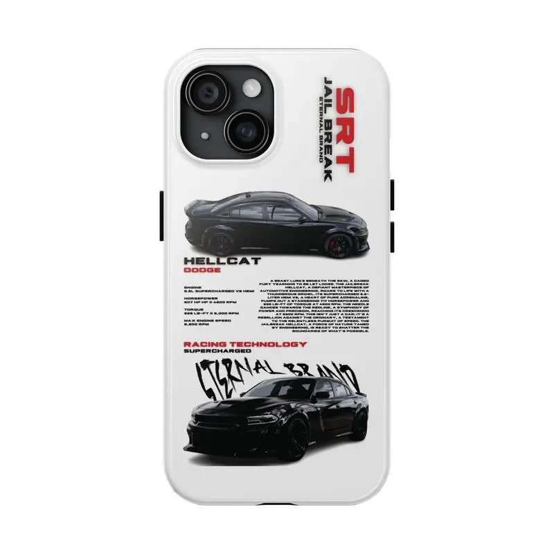 Glossy Black SRT Hellcat Dodge Custom Print iPhone Case - Polycarbonate-TPU Dual-Layer Rubber Accessory with Shockproof Protection for iPhone 15, Impact-Resistant Tough Cover for Car Enthusiasts (Boosts Phone Aesthetic)
