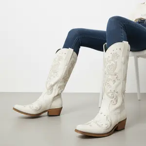 Vintage-Style White Cowgirl Boots with Pearl Accents for Women Elegant Embroidered Western Design Premium Synthetic Materials Cushioned Insole Sturdy Heel Classic Floralwhite Walking Shoes - Footwear