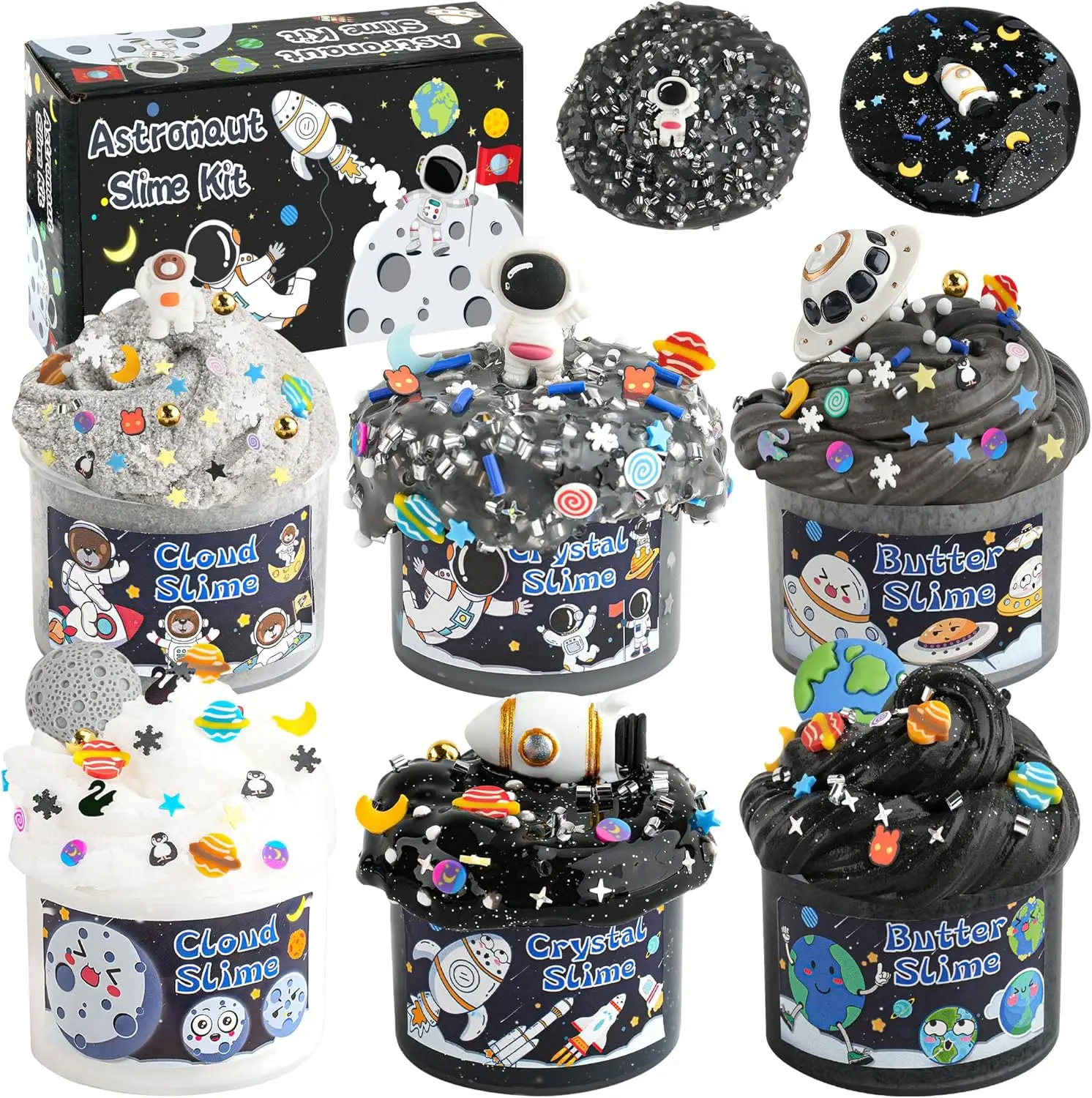 Valentine's Day New Year 2026 Gift 6 Pack Galaxy Slime Kit for Kids- Cloud, Butter & Clear Slimes with Space Add-ins, 360ml Black Slime for Boys Girls, Kids Slime Kits