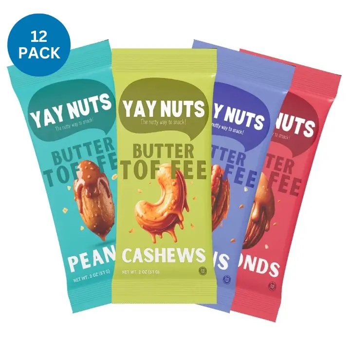Yay Nuts Butter Toffee Cashews, Butter Toffee Almonds, Butter Toffee Peanuts - 12 Packs Each Box, Delicious and Sweet Nut Snacks Crunchy, Peanut, Cashews and Almonds Nut Snack Packs for School, Office, Road Trips