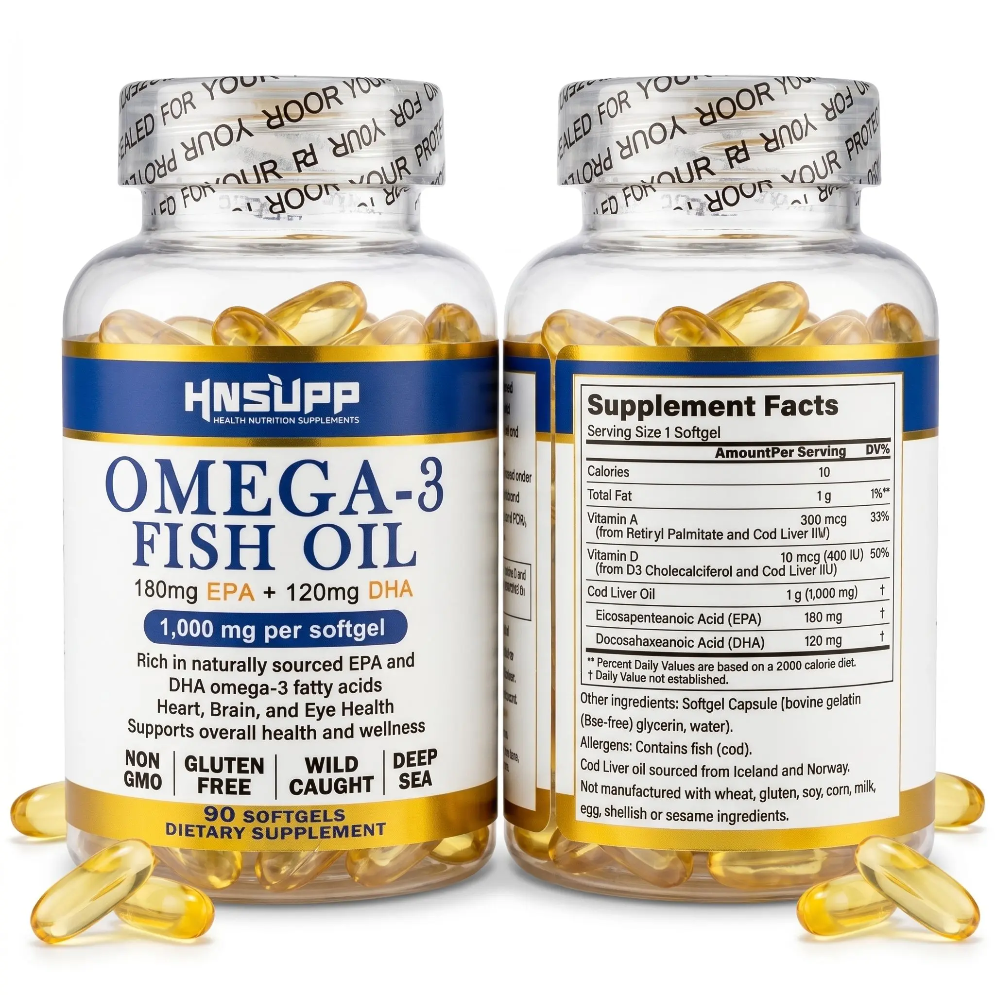 HNSUPP High Strength Omega 3 Fish Oil 1000mg EPA DHA Wild Caught Cod Liver Oil Support Heart Brain Joint Wellness 90 Softgels