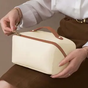 Large Capacity Travel Cosmetic Bag, PU Leather Waterproof, Multifunctional Storage, Portable Flat Opening, Makeup & Skincare Organizer, Handheld Cosmetic Pouch