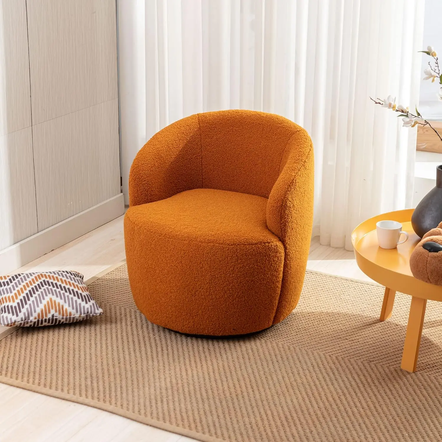 Orange Teddy Fabric Swivel Barrel Chair - Soft Rolling Swivel Chair, 360-Degree Rotatable Contemporary Round Accent Armchair, 25.6"w x 25.6"d x 27.56"h, 26.40 lbs Upholstered Single Sofa for Living Room, Adults