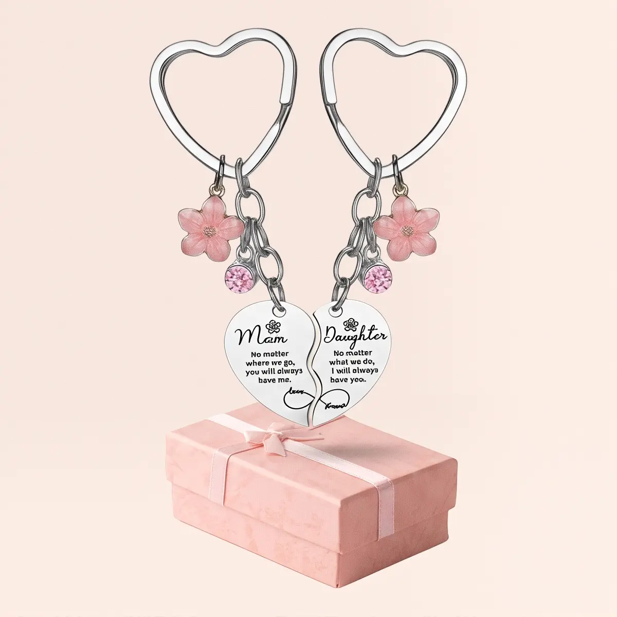 Women's & Girl's 2-Piece Commemorative Key Chain Kit, Metal Finish Keyrings with Engraved Hearts & Touching Quotes, Mom & Girl Matching Daily Accessory for Mother's Day, Birthday Gifts