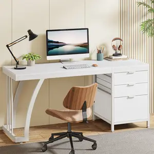 LITTLE TREE White Computer Desk with 3 Drawers, Modern PC Desk with File Storage, 59-Inch Writing Table Workstation with Large Desktop and Metal Frame for Home Office