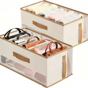 2 Pack Foldable Bag Storage Box with Divided Compartments and Dividers, Handheld Multi-Functional Collapsible Fabric Storage Organizer, Clothing Storage Organizer, Ideal for Bags Pants Sweaters T-Shirts Scarves