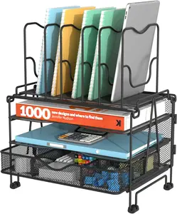 Mesh Desk Organizer, 3-in-1 Desktop Organizer with 3 Tier Tray and 5 Upright Sections, File Organizer for Desk with Sliding Drawer, Black