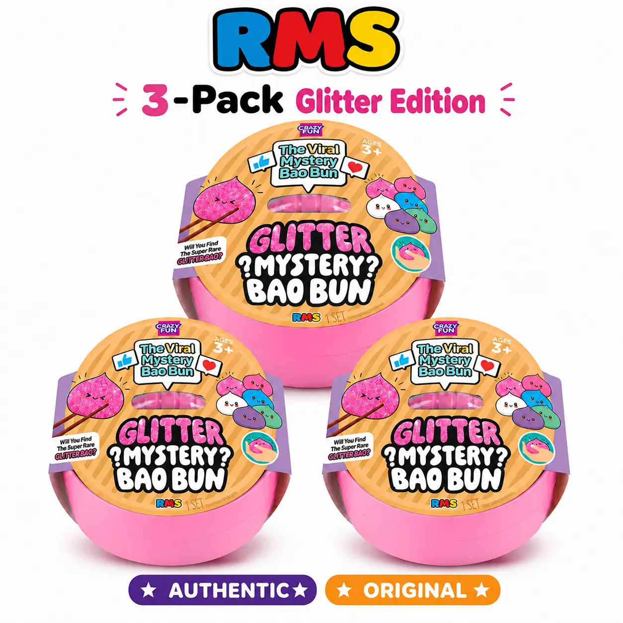 3-Pack Authentic RMS Glitter Edition Mystery Dumpling Squishy Fidget Toys, Mystery Bao Buns in Sealed Pink Steamer Baskets, Rare Pink Glitter Style, Collectible Sensory Toys, Ages 3+