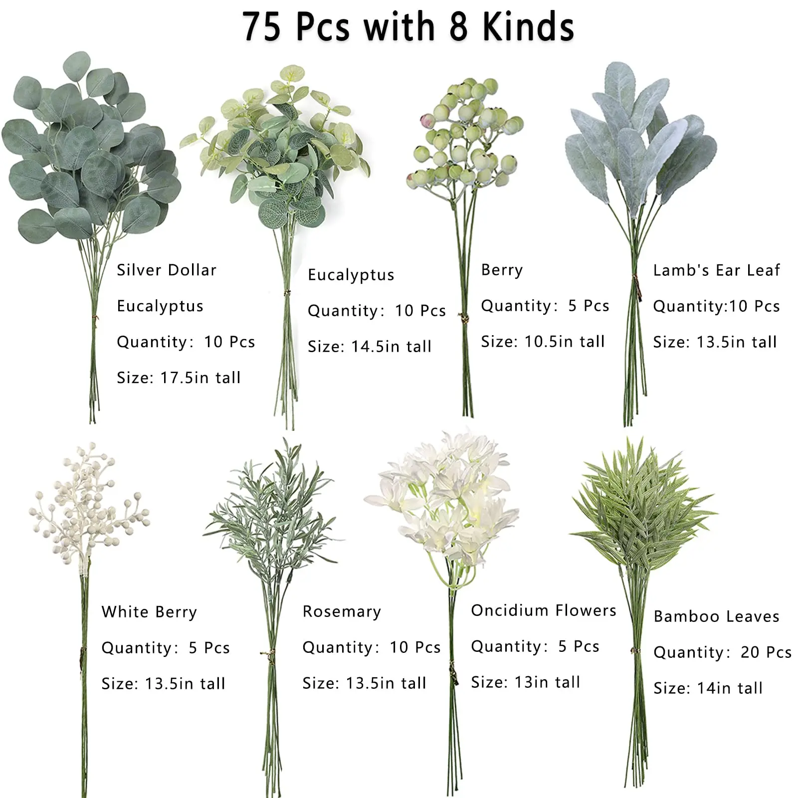 75-Piece Lifelike Texture Faux Greenery Silk Set - 8 Kinds of Eucalyptus Leaves, Multi-Size Stems, Bouquet-Making DIY Decor Box for Wedding Centrepieces, Kitchen Accent Plants