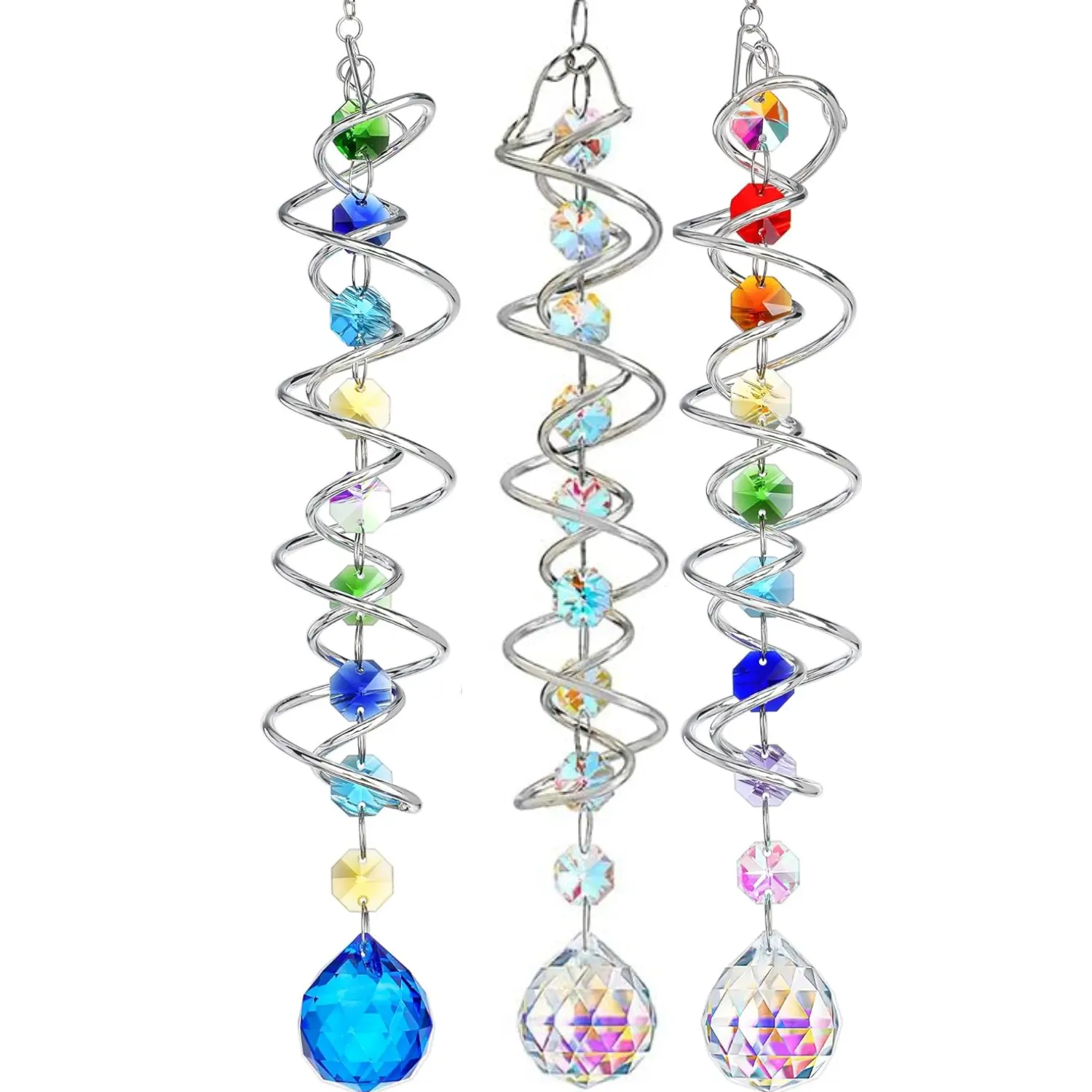 3 Pack Spiral Crystal Suncatcher Rainbow Maker Set, 45cm Long Hanging Prism Rainbow Window Sun Catcher, Colorful Beaded Crystal Ball Wind Spinner Ornament, Indoor Outdoor Garden Balcony Patio Aesthetic Hanging Decor, Perfect Housewarming Calming Home Gift