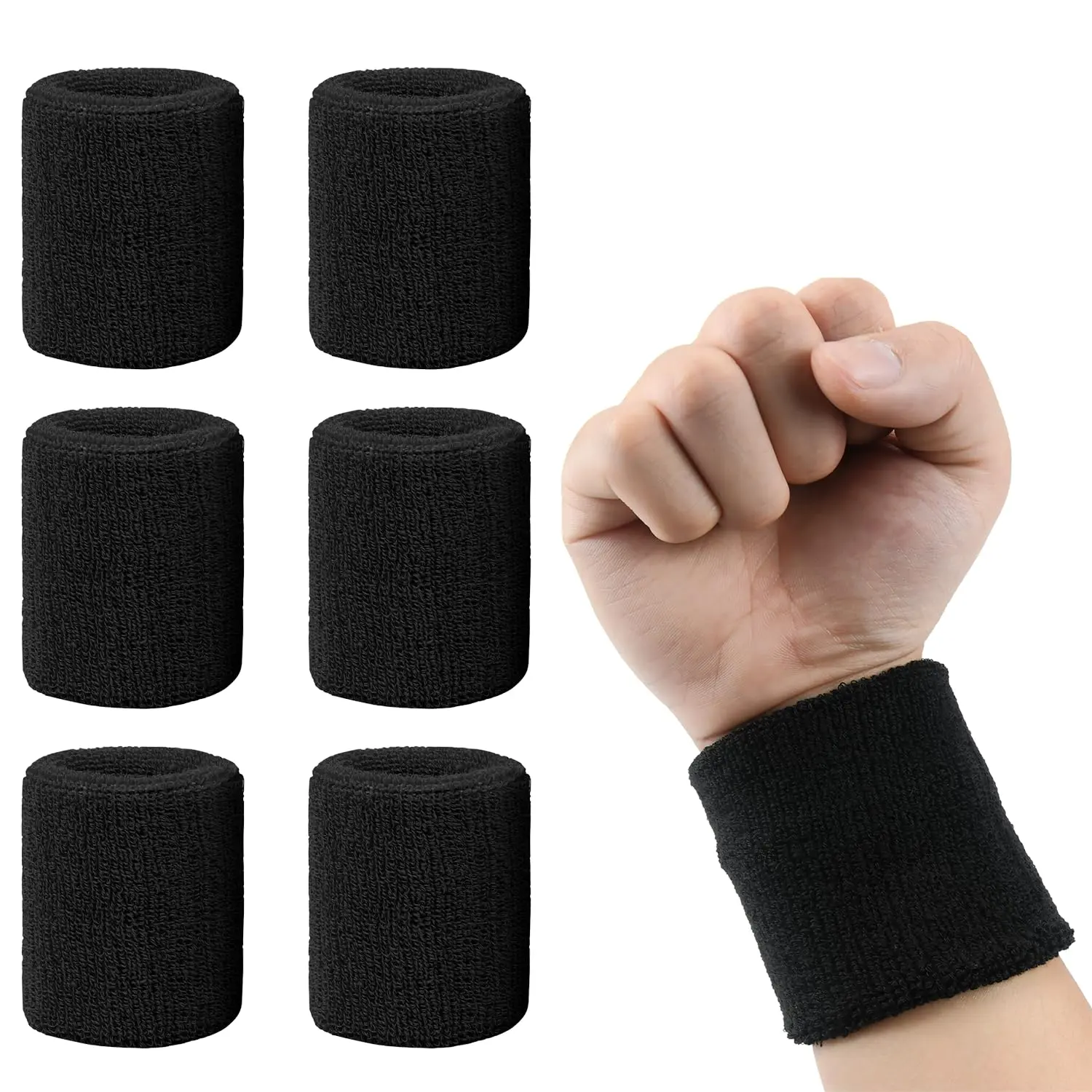 6 Pack Black Cotton Activity Wristbands - Elastic Breathable Absorbent Wrist Accessory for Men, Daily Sports Use, Arm Bands Football, Workout Basketball Athletic Sweatbands, Activity Wristband, Elastic Wristbands
