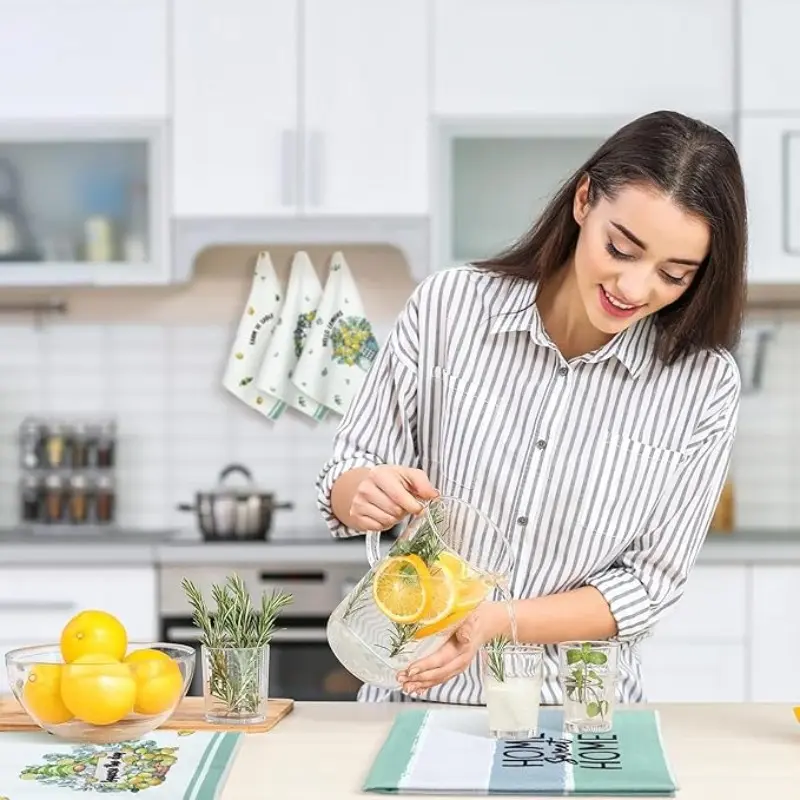 6 Piece Lemon Kitchen Towels Set, Farmhouse Style Tea Cloths, Absorbent Sage Hand Towels, Holiday Decor Gift