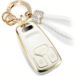 ACEBOY For Audi Key Fob Cover With Luxury Diamond Bling Braided Rope Keychain, Upgraded Soft Key Case For A4 A5 A6 Q3 Q5 Q7 TT TTS S4 RS4 R8 Key Fob Shell