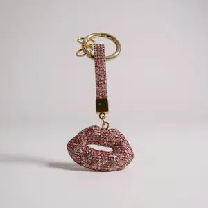 Pink Rhinestone Lip Bag Charm with Gold Hardware for Stylish Accessories Perfect for Bags and Keys