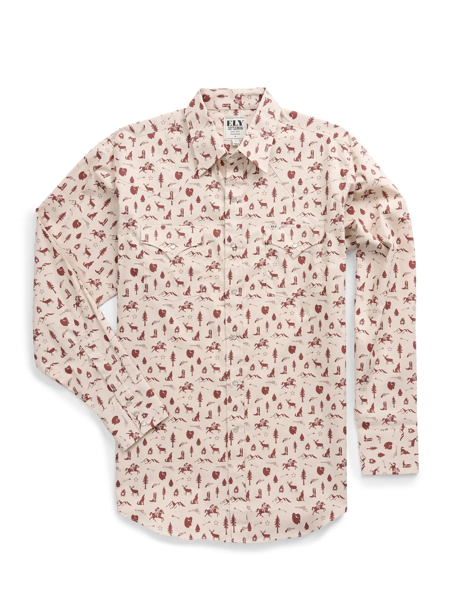 Men's Ely Cattleman Long Sleeve Conversation Print Western Snap Cowboy Shirt - Ecru, Full Sleeves Authentic Style Classic American Style Long Version Men's Casual Shirts, Cowboy Shirts, Authentic Style Men's Casual Shirts