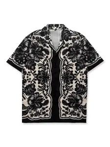 Vintage Floral Print Blouse, Symmetrical Art Design, Casual Fitted Shirt, Short Sleeve, Tropical Hawaiian Style, Aloha Button Shirt, Perfect for Daily Wear, Botanical Floral Shirt