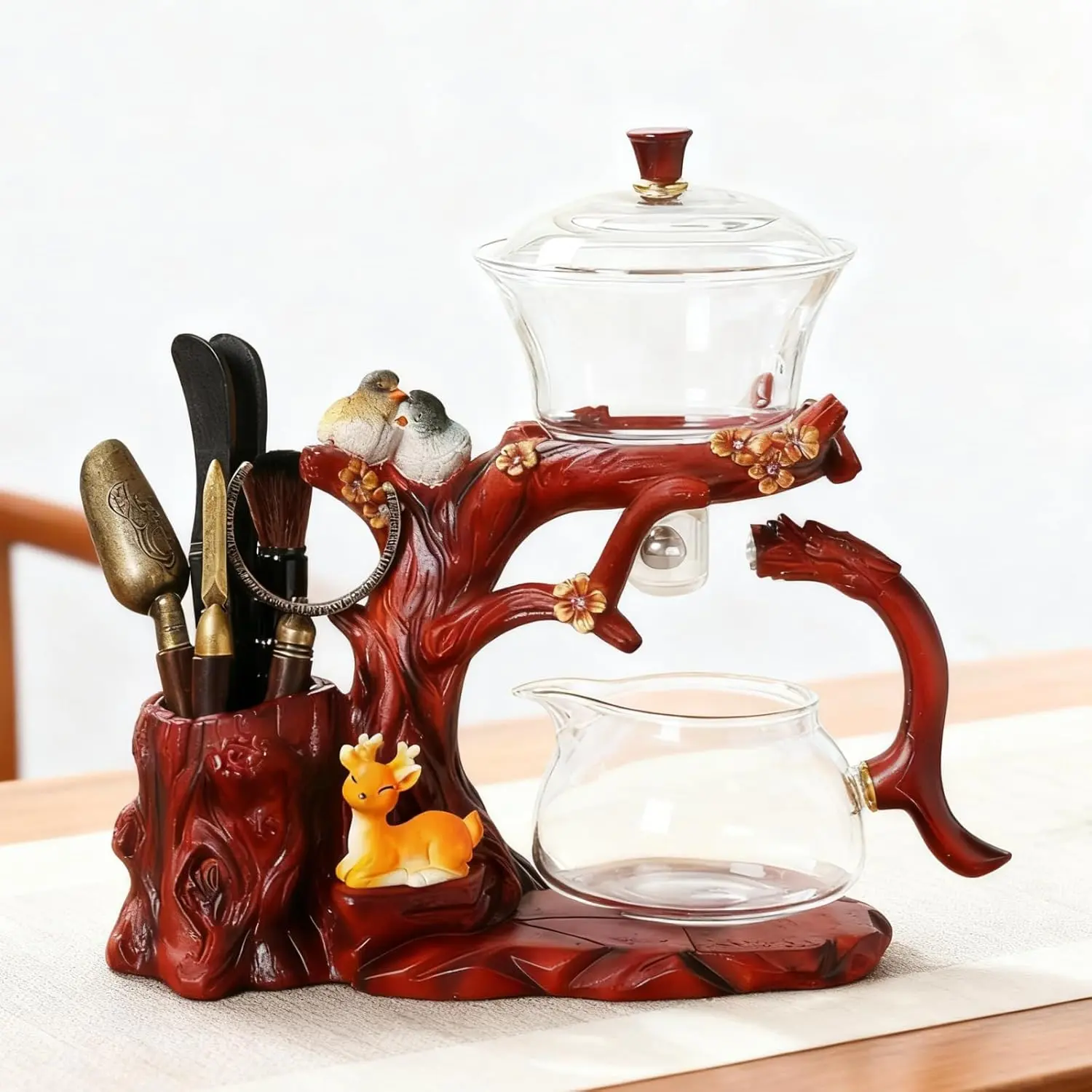Transparent Glass Tea Set with Bird Motif – 3-Part Semi-Automatic Drip Rotating Glass Teapot, Steel Filter Infuser, Gooseneck Spout for Blooming Tea