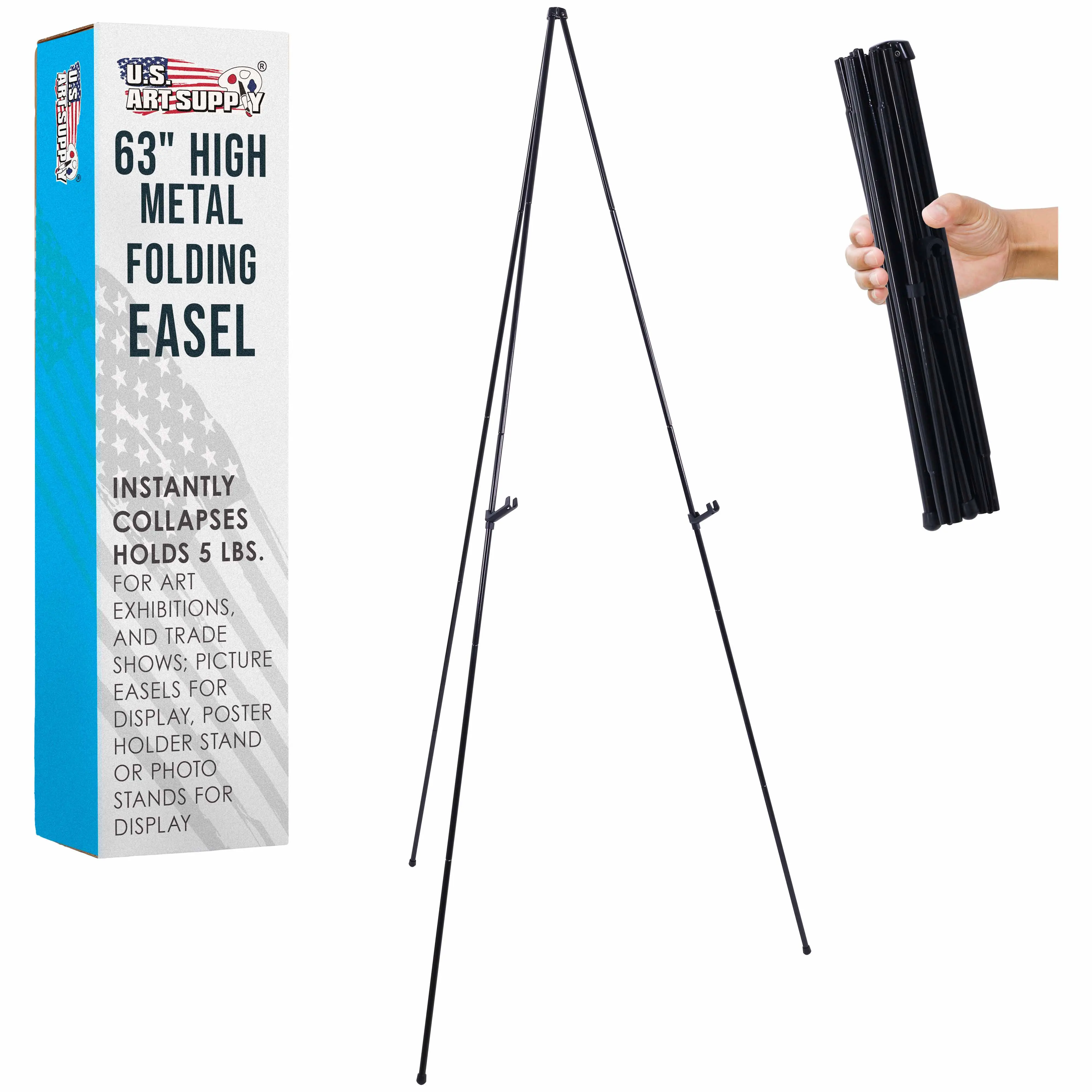 63" High Metal Folding Display Easel - Adjustable Height, Instantly Collapses, Holds 5 lbs - Portable Art Easel Stand - For Sign, Poster, Canvas, Painting, Picture Display