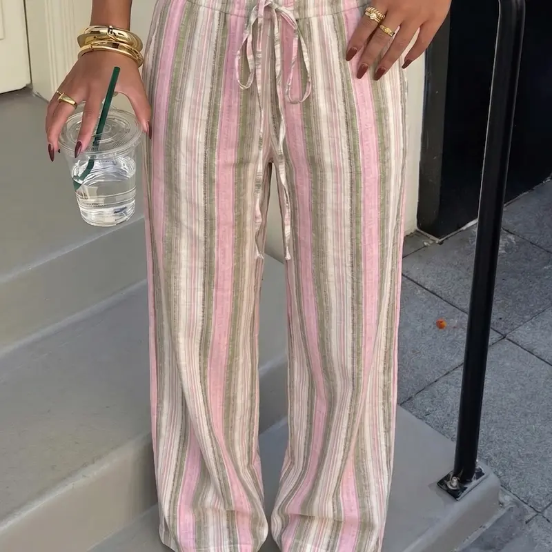 Women's Striped Linen Cotton Long Pants, Casual Wide Leg Beach Vacation Pants, Summer Beachwear, Casual Soft Comfy, Comfortable and Stylish, Casual Fit Bottoms, Casual Fashion Bottoms