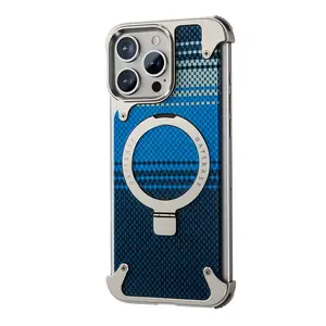 17 Pro Max Phone Case Kevlar Carbon Fiber Pattern Frameless Metal 0°-120° Hidden Stand Magnetic Charging Stand UH7818390 Aluminum Alloy Lens Protection