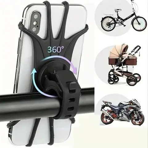 360-Rotatable Phone Bicycle Motorcycle Holder, Bike Safe Bracket, Adjustable Phone Holder, Cell Phone Clip, Silicone Pull Type Support for Phone, Holder System, Smartphone Cellphone Mount